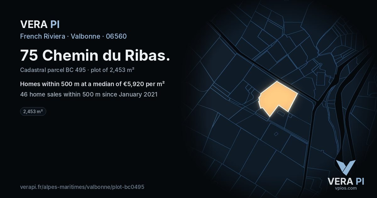 75 Chemin du Ribas, Valbonne at night – the plot lit, the parcels around coloured by the prices near them