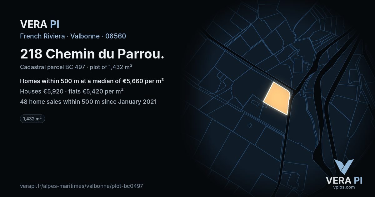 218 Chemin du Parrou, Valbonne at night – the plot lit, the parcels around coloured by the prices near them