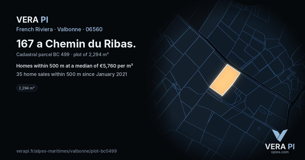 167 a Chemin du Ribas, Valbonne at night – the plot lit, the parcels around coloured by the prices near them