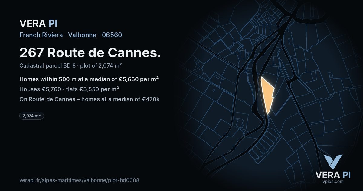 267 Route de Cannes, Valbonne at night – the plot lit, the parcels around coloured by the prices near them