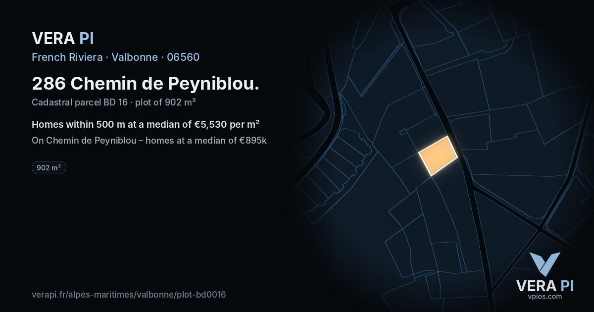 286 Chemin de Peyniblou, Valbonne at night – the plot lit, the parcels around coloured by the prices near them