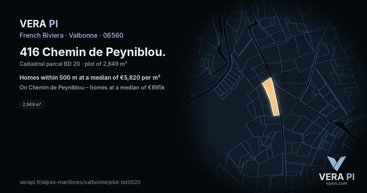 416 Chemin de Peyniblou, Valbonne at night – the plot lit, the parcels around coloured by the prices near them