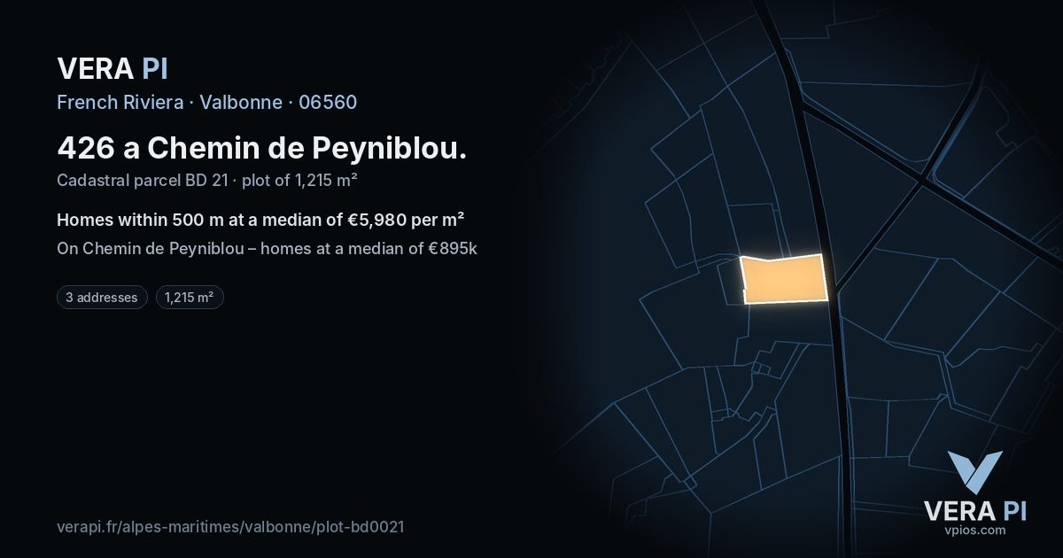 426 a Chemin de Peyniblou, Valbonne at night – the plot lit, the parcels around coloured by the prices near them