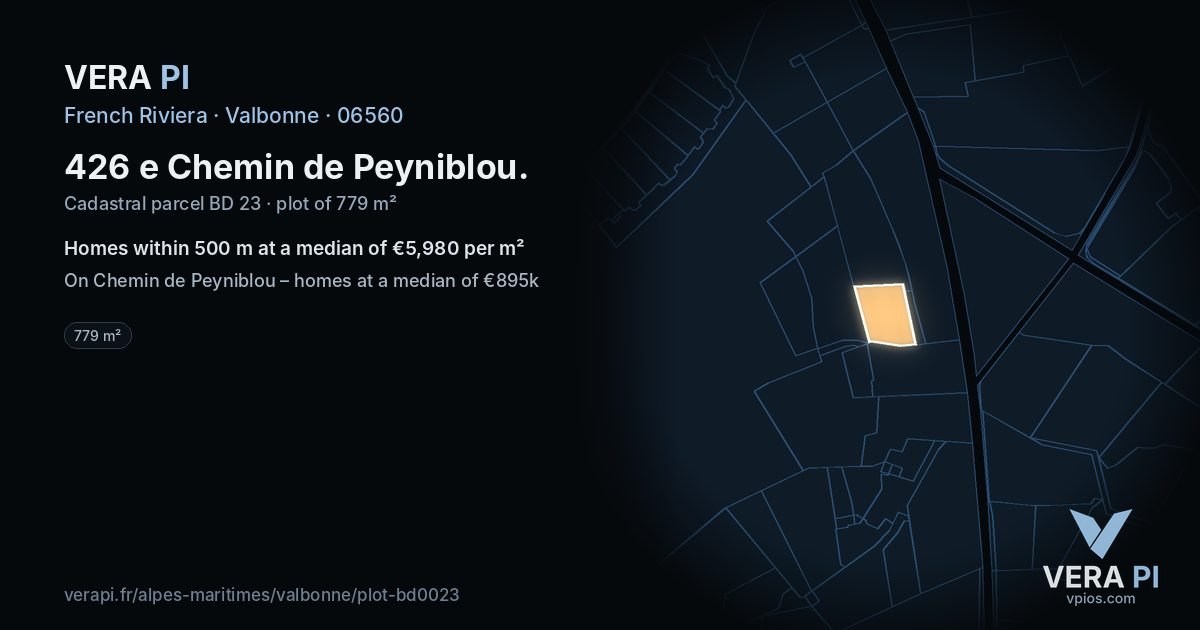 426 e Chemin de Peyniblou, Valbonne at night – the plot lit, the parcels around coloured by the prices near them