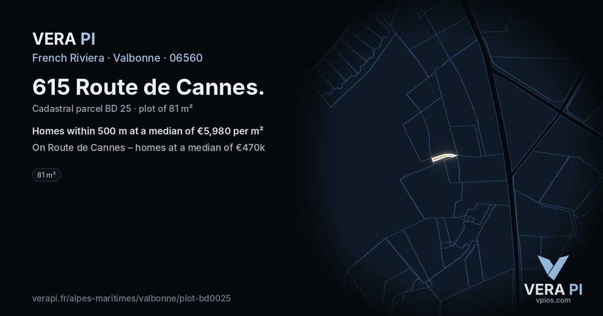 615 Route de Cannes, Valbonne at night – the plot lit, the parcels around coloured by the prices near them