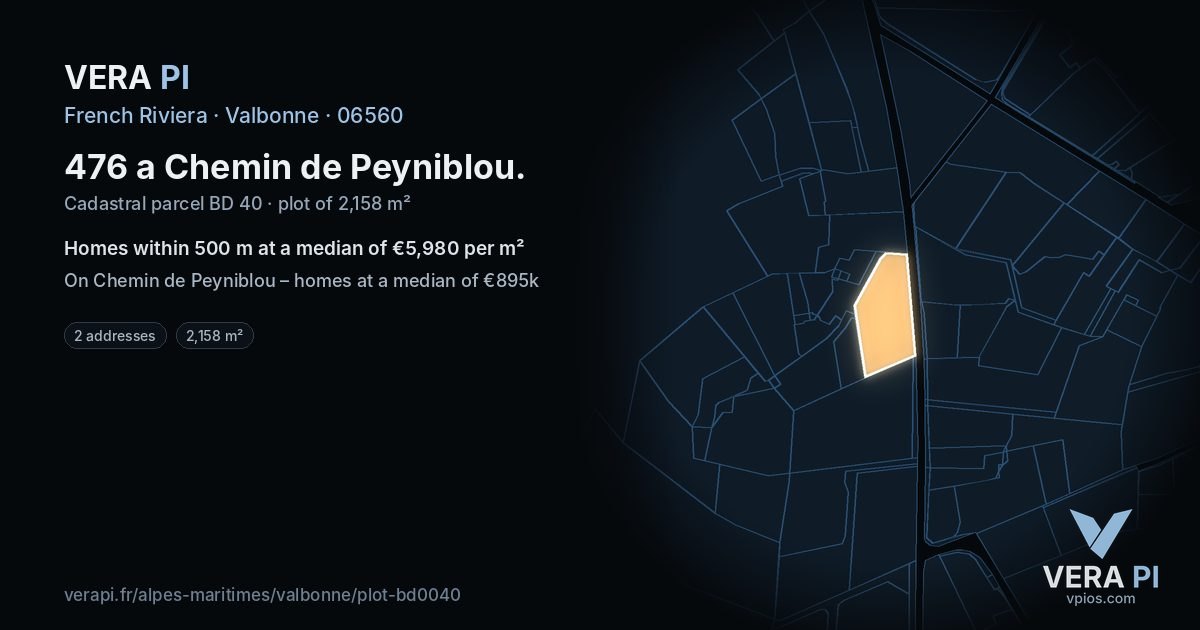 476 a Chemin de Peyniblou, Valbonne at night – the plot lit, the parcels around coloured by the prices near them