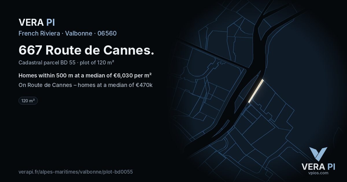667 Route de Cannes, Valbonne at night – the plot lit, the parcels around coloured by the prices near them