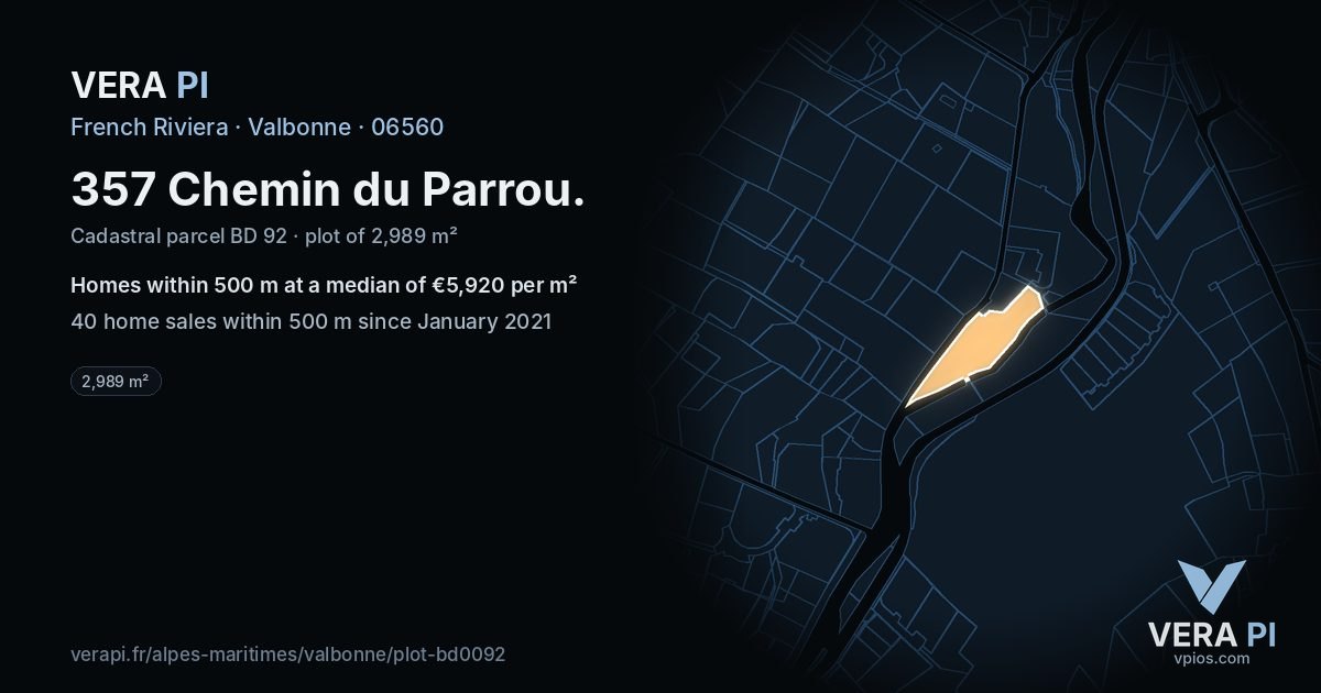 357 Chemin du Parrou, Valbonne at night – the plot lit, the parcels around coloured by the prices near them