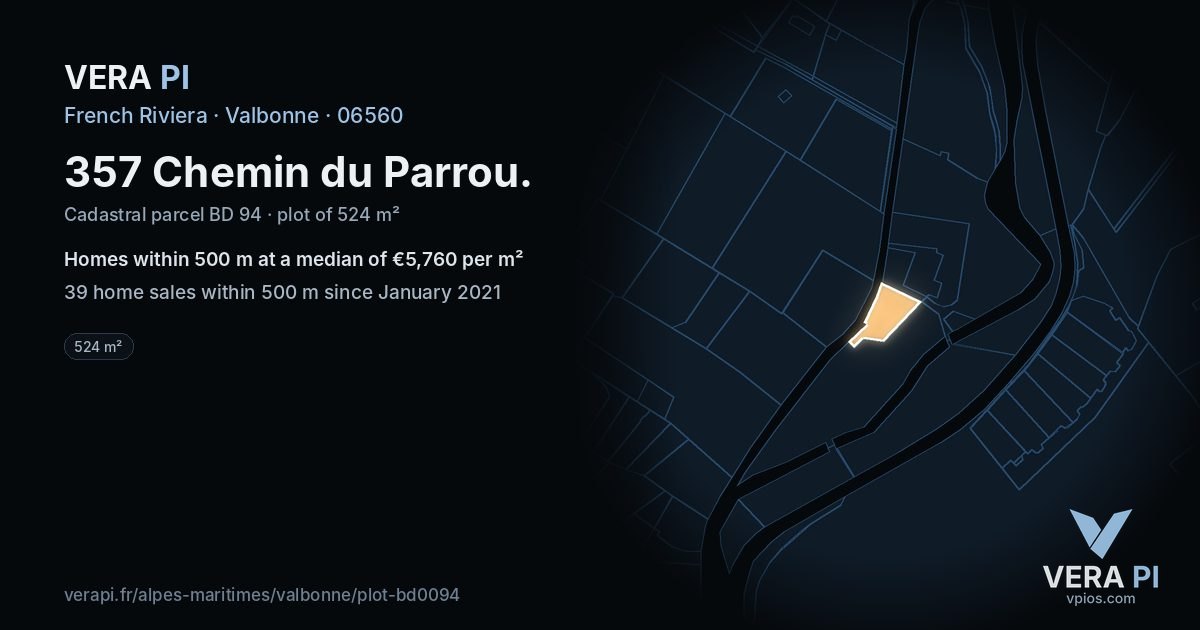 357 Chemin du Parrou, Valbonne at night – the plot lit, the parcels around coloured by the prices near them