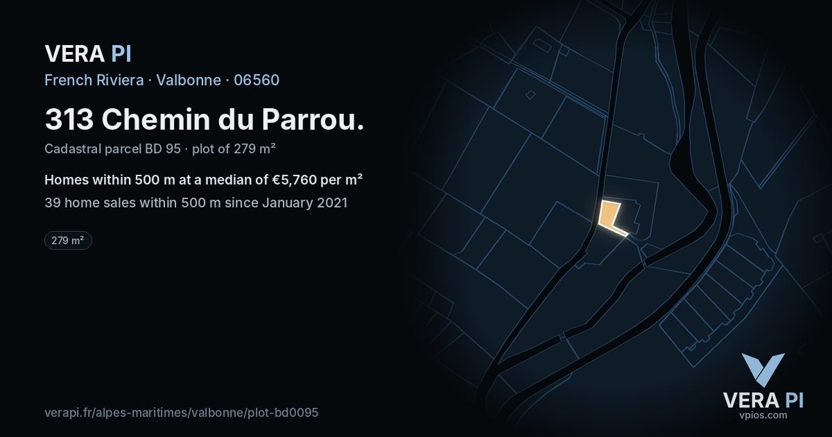 313 Chemin du Parrou, Valbonne at night – the plot lit, the parcels around coloured by the prices near them