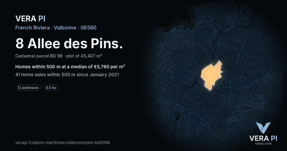 8 Allee des Pins, Valbonne at night – the plot lit, the parcels around coloured by the prices near them