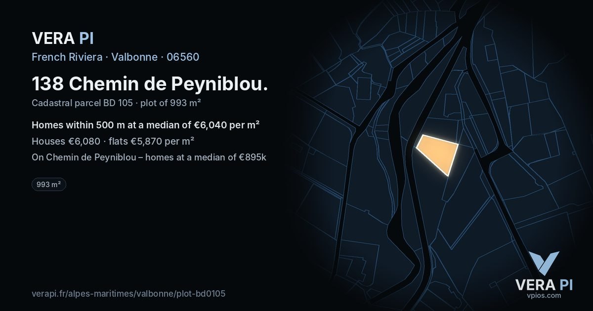 138 Chemin de Peyniblou, Valbonne at night – the plot lit, the parcels around coloured by the prices near them