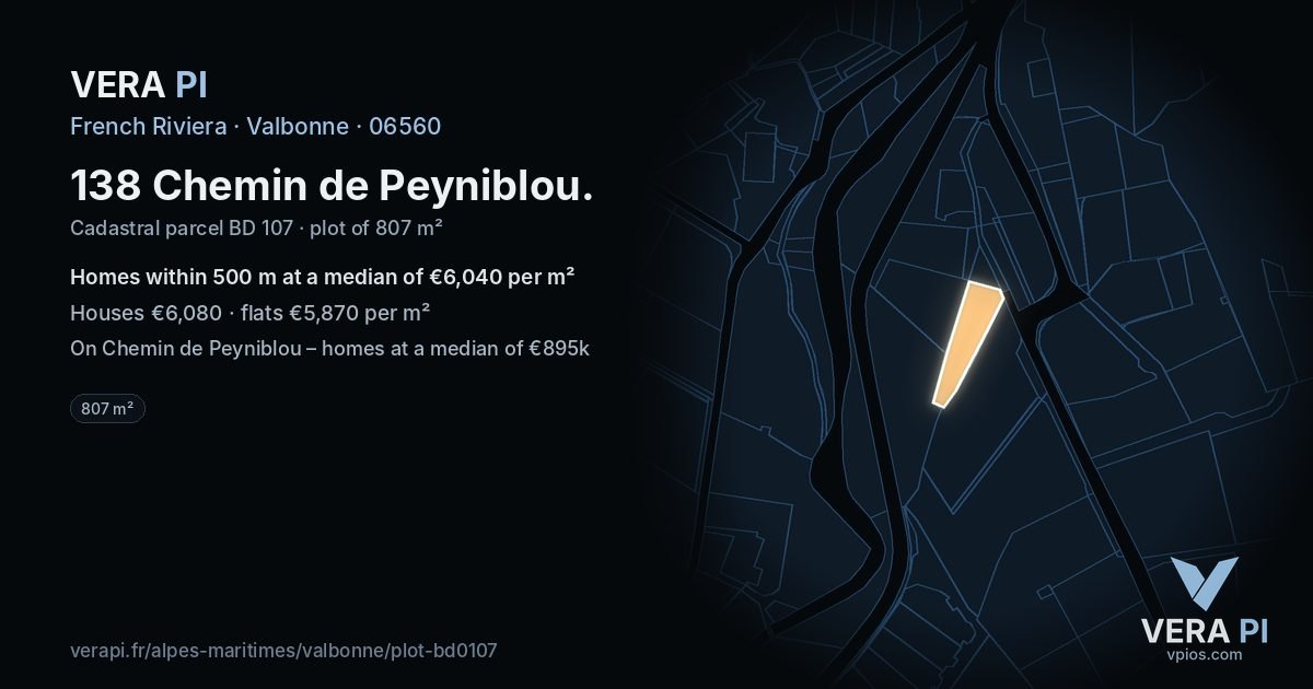 138 Chemin de Peyniblou, Valbonne at night – the plot lit, the parcels around coloured by the prices near them