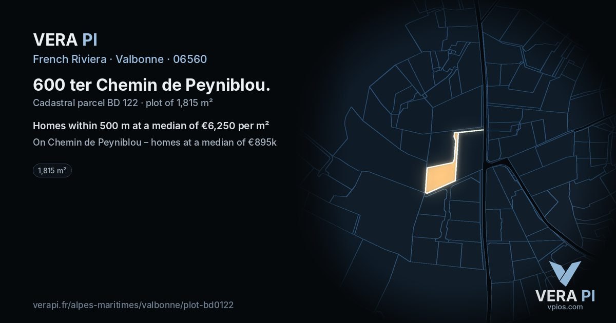600 ter Chemin de Peyniblou, Valbonne at night – the plot lit, the parcels around coloured by the prices near them