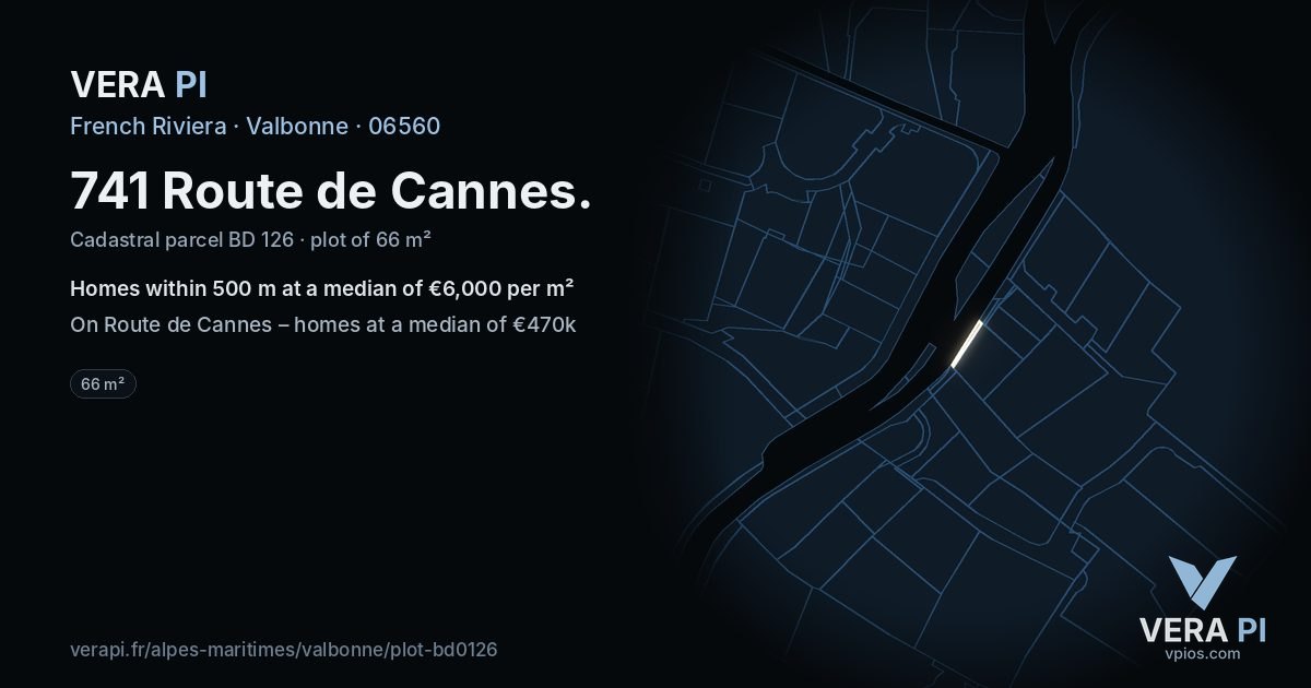 741 Route de Cannes, Valbonne at night – the plot lit, the parcels around coloured by the prices near them