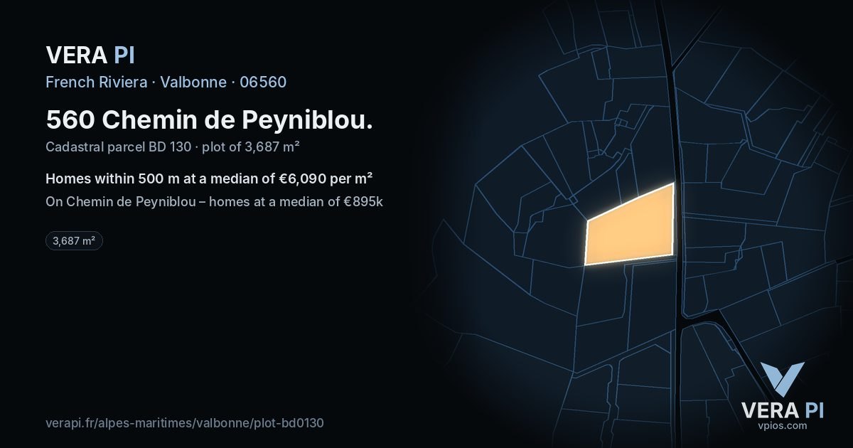560 Chemin de Peyniblou, Valbonne at night – the plot lit, the parcels around coloured by the prices near them