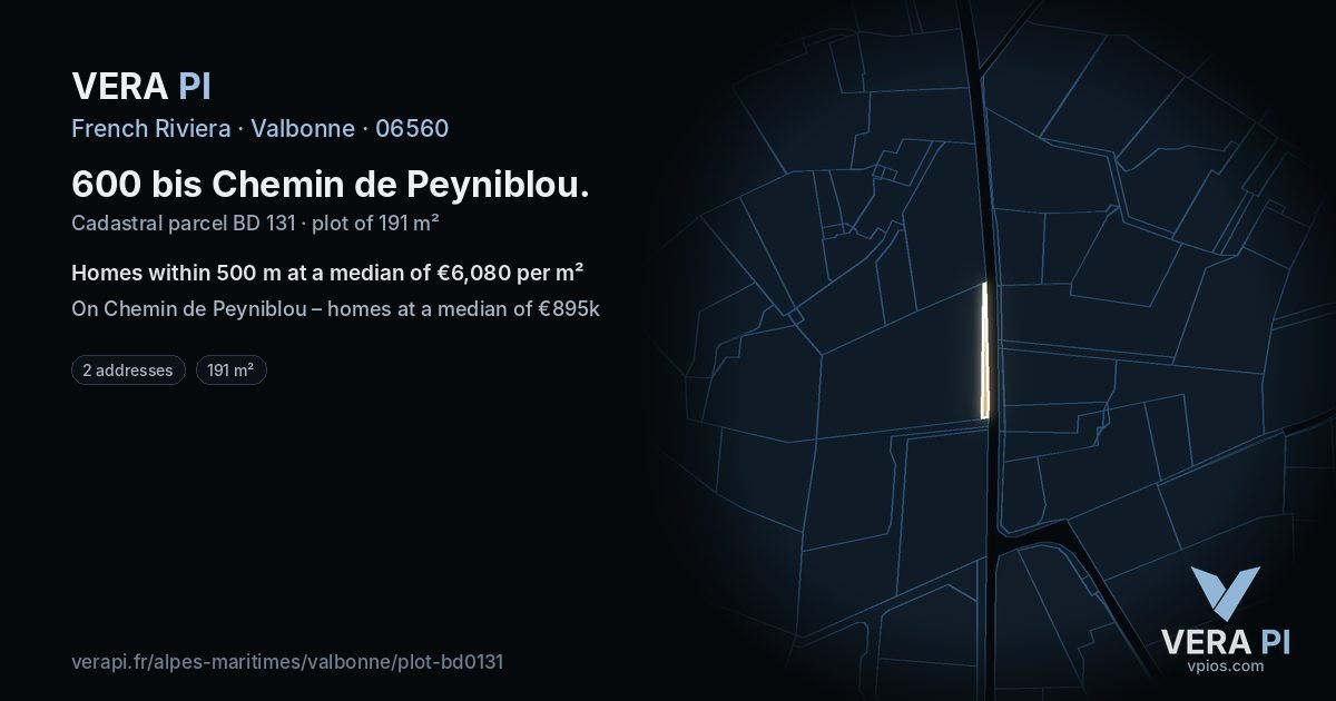 600 bis Chemin de Peyniblou, Valbonne at night – the plot lit, the parcels around coloured by the prices near them