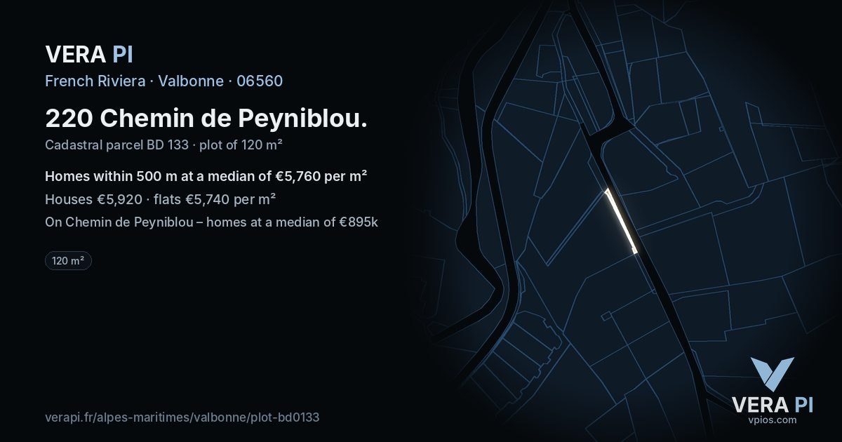 220 Chemin de Peyniblou, Valbonne at night – the plot lit, the parcels around coloured by the prices near them