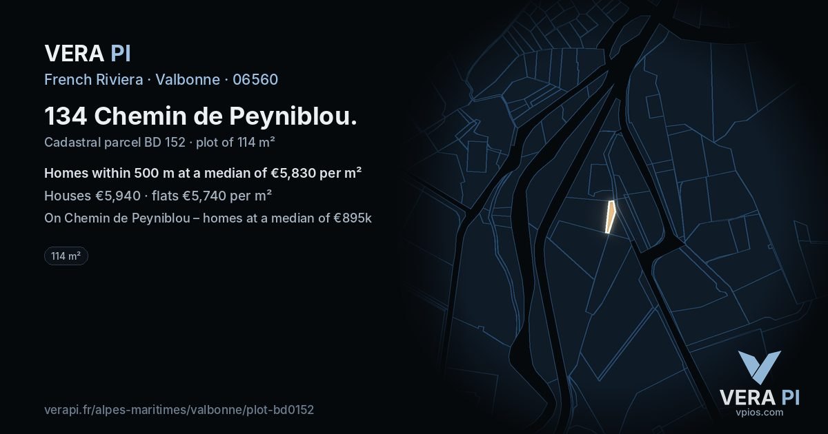 134 Chemin de Peyniblou, Valbonne at night – the plot lit, the parcels around coloured by the prices near them