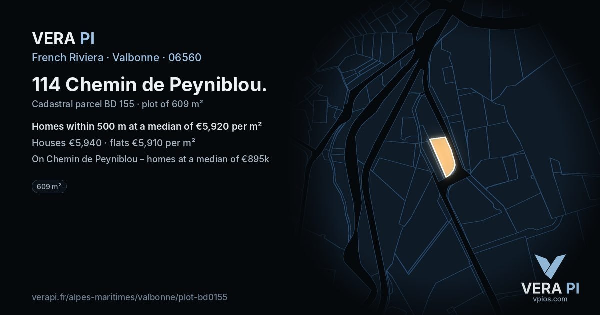 114 Chemin de Peyniblou, Valbonne at night – the plot lit, the parcels around coloured by the prices near them
