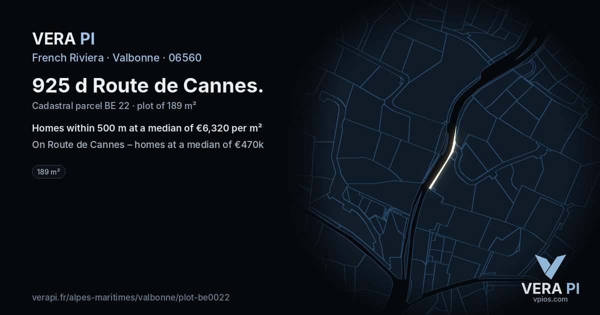 925 d Route de Cannes, Valbonne at night – the plot lit, the parcels around coloured by the prices near them