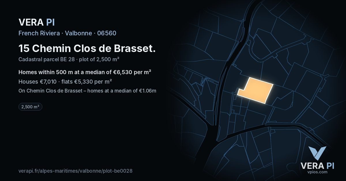 15 Chemin Clos de Brasset, Valbonne at night – the plot lit, the parcels around coloured by the prices near them