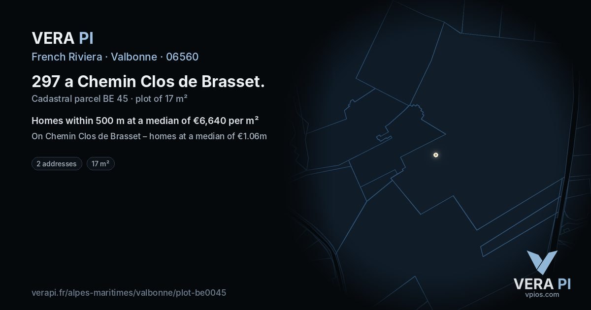 297 a Chemin Clos de Brasset, Valbonne at night – the plot lit, the parcels around coloured by the prices near them