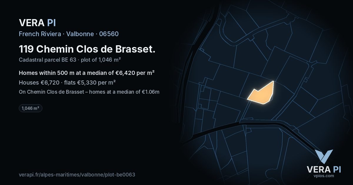119 Chemin Clos de Brasset, Valbonne at night – the plot lit, the parcels around coloured by the prices near them