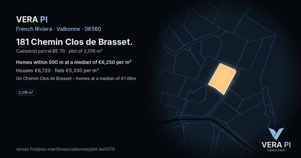 181 Chemin Clos de Brasset, Valbonne at night – the plot lit, the parcels around coloured by the prices near them