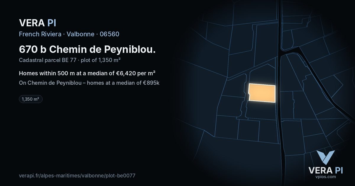 670 b Chemin de Peyniblou, Valbonne at night – the plot lit, the parcels around coloured by the prices near them