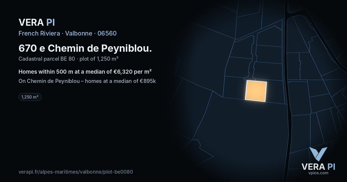 670 e Chemin de Peyniblou, Valbonne at night – the plot lit, the parcels around coloured by the prices near them