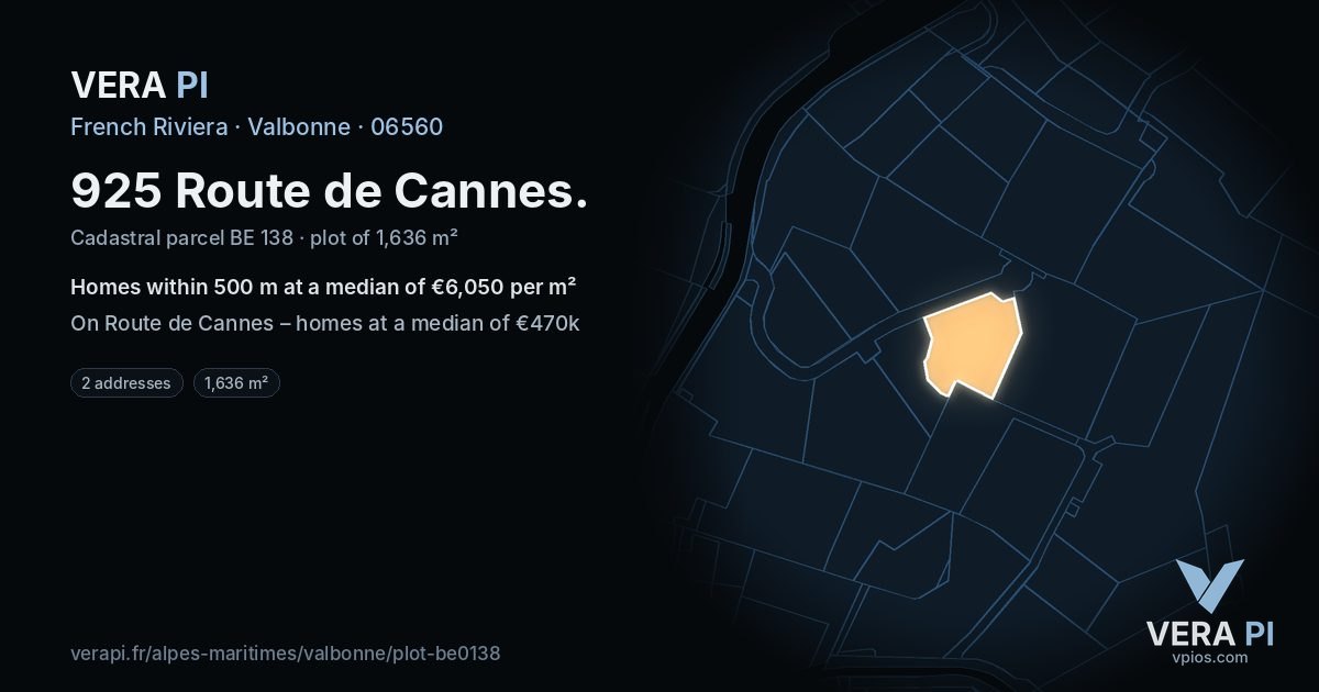 925 Route de Cannes, Valbonne at night – the plot lit, the parcels around coloured by the prices near them