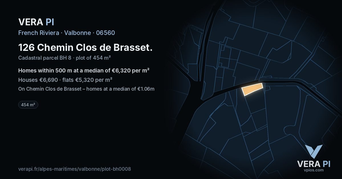 126 Chemin Clos de Brasset, Valbonne at night – the plot lit, the parcels around coloured by the prices near them