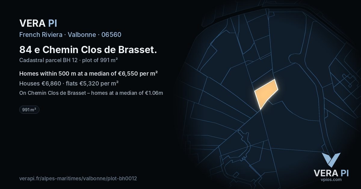 84 e Chemin Clos de Brasset, Valbonne at night – the plot lit, the parcels around coloured by the prices near them