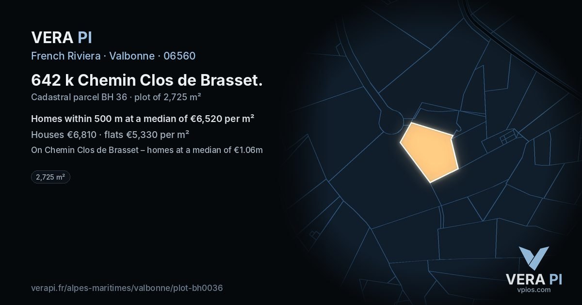 642 k Chemin Clos de Brasset, Valbonne at night – the plot lit, the parcels around coloured by the prices near them
