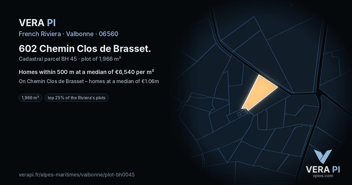 602 Chemin Clos de Brasset, Valbonne at night – the plot lit, the parcels around coloured by the prices near them