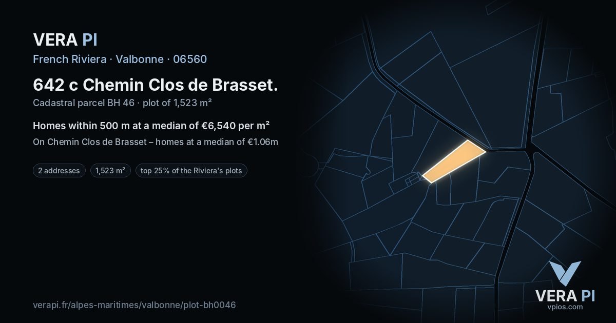 642 c Chemin Clos de Brasset, Valbonne at night – the plot lit, the parcels around coloured by the prices near them