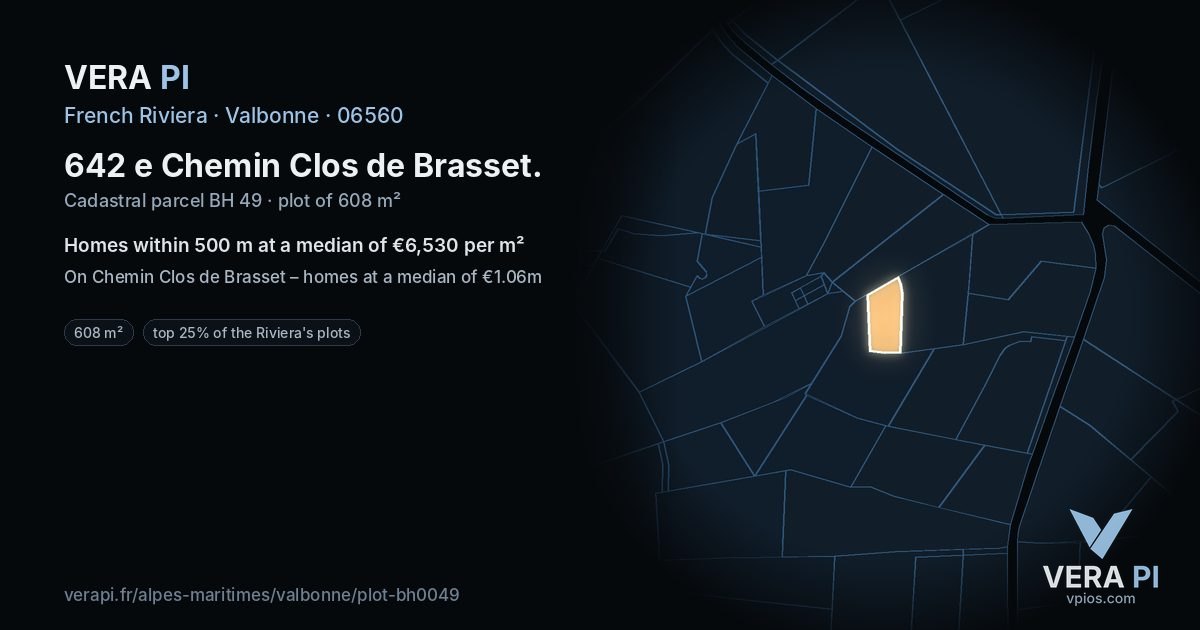 642 e Chemin Clos de Brasset, Valbonne at night – the plot lit, the parcels around coloured by the prices near them