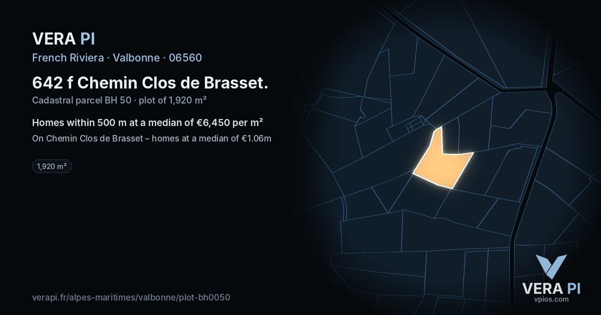 642 f Chemin Clos de Brasset, Valbonne at night – the plot lit, the parcels around coloured by the prices near them