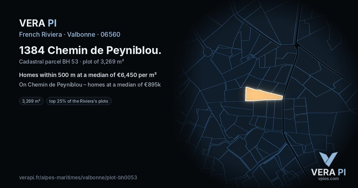 1384 Chemin de Peyniblou, Valbonne at night – the plot lit, the parcels around coloured by the prices near them