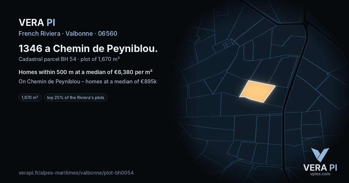 1346 a Chemin de Peyniblou, Valbonne at night – the plot lit, the parcels around coloured by the prices near them
