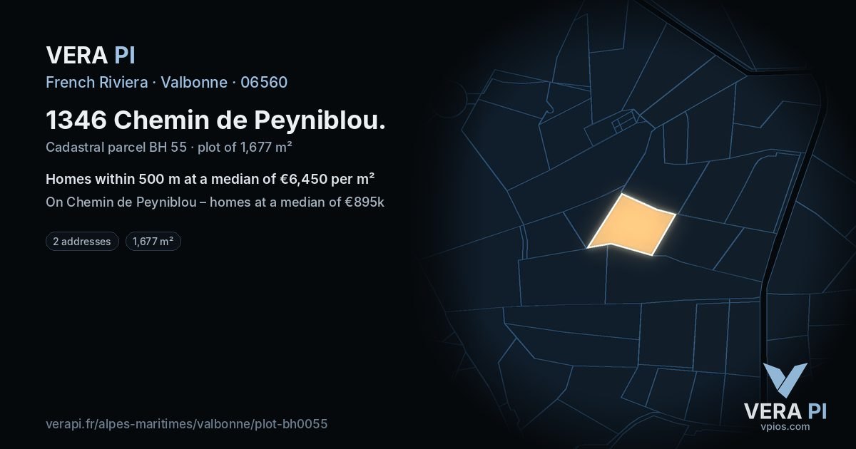 1346 Chemin de Peyniblou, Valbonne at night – the plot lit, the parcels around coloured by the prices near them