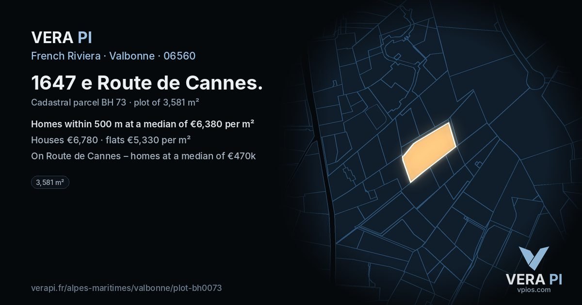 1647 e Route de Cannes, Valbonne at night – the plot lit, the parcels around coloured by the prices near them