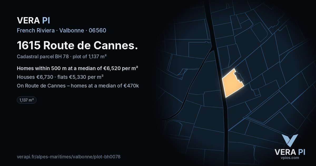 1615 Route de Cannes, Valbonne at night – the plot lit, the parcels around coloured by the prices near them