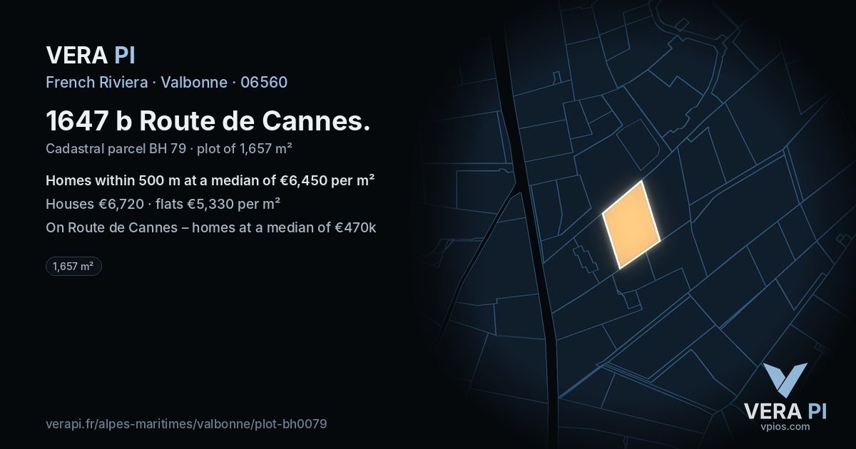 1647 b Route de Cannes, Valbonne at night – the plot lit, the parcels around coloured by the prices near them