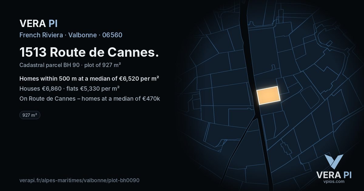 1513 Route de Cannes, Valbonne at night – the plot lit, the parcels around coloured by the prices near them