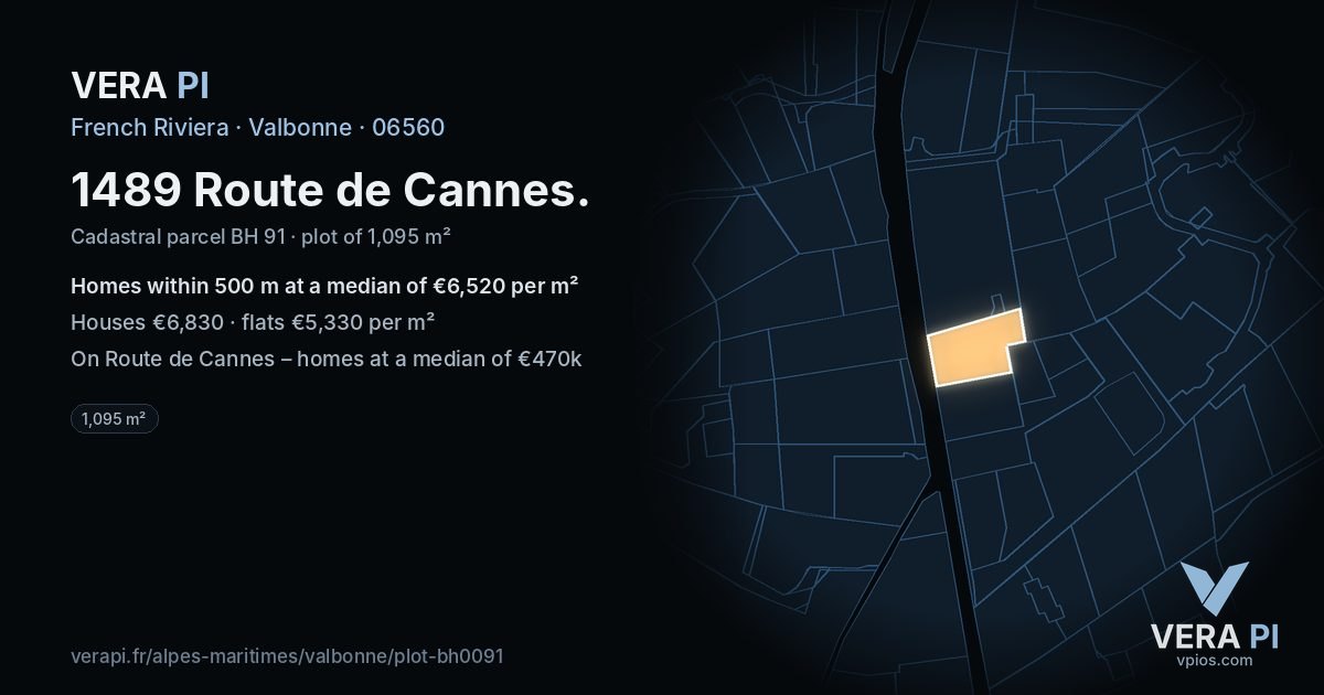 1489 Route de Cannes, Valbonne at night – the plot lit, the parcels around coloured by the prices near them