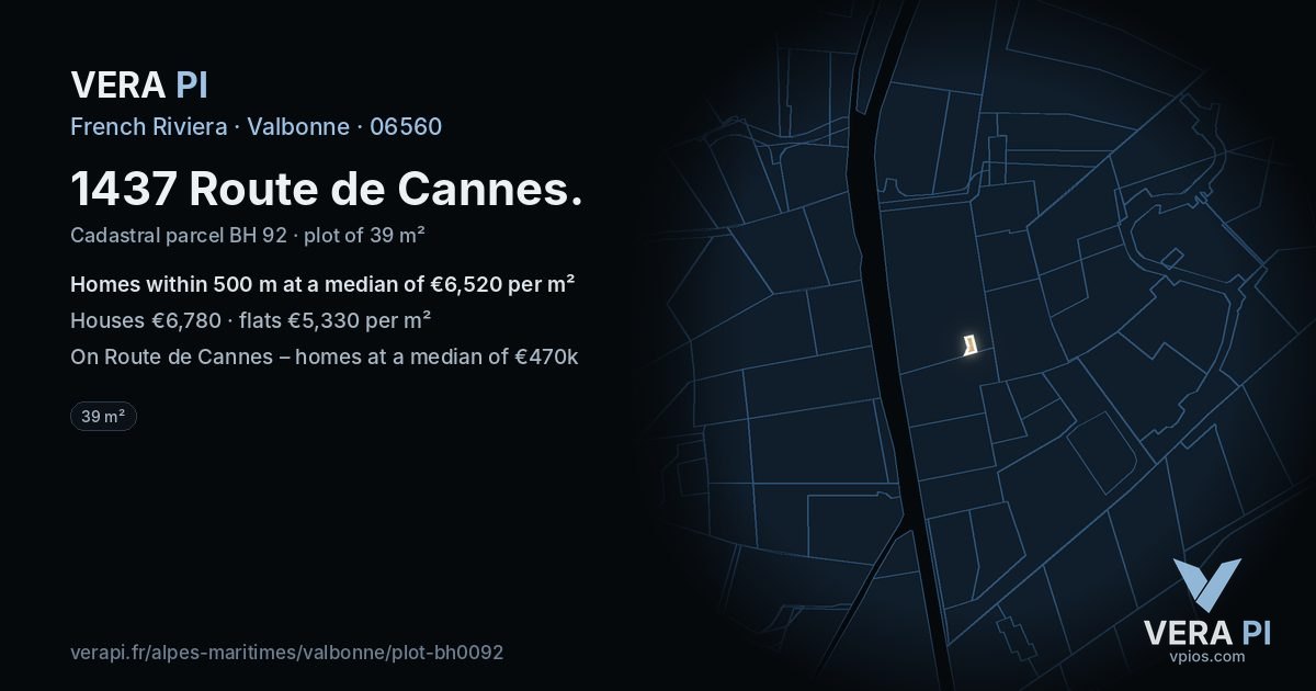 1437 Route de Cannes, Valbonne at night – the plot lit, the parcels around coloured by the prices near them