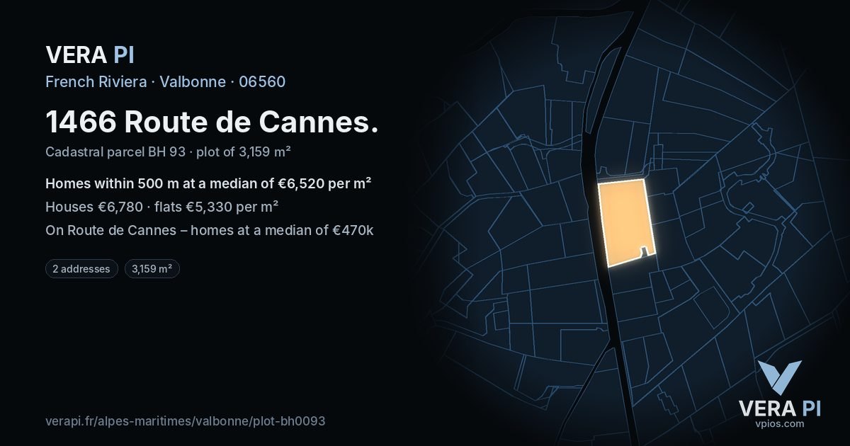 1466 Route de Cannes, Valbonne at night – the plot lit, the parcels around coloured by the prices near them