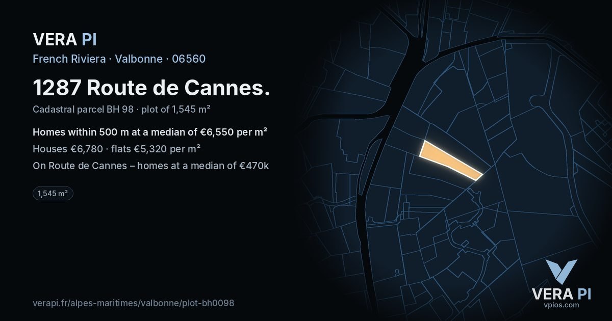 1287 Route de Cannes, Valbonne at night – the plot lit, the parcels around coloured by the prices near them
